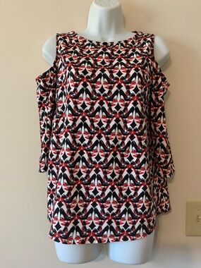 Chico's Red, Black & White Cold-Shoulder Geometric Blouse